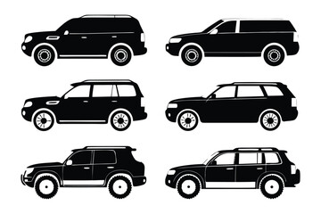 Fleet of SUVs: A collection of black SUV silhouettes, showcasing various models with detailed outlines, perfect for automotive design and illustration purposes.