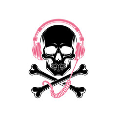 Skull with Headphones: An image of a skull wearing a pink headset resting upon crossed bones, a unique blend of edginess and artistry
