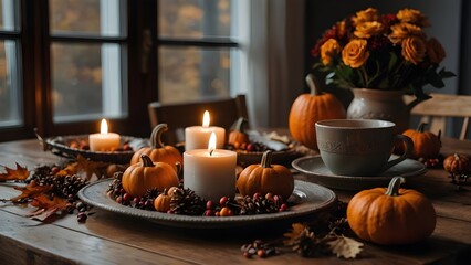 Cozy Autumn Table Decor with Pumpkins, Candles, and Coffee Cup