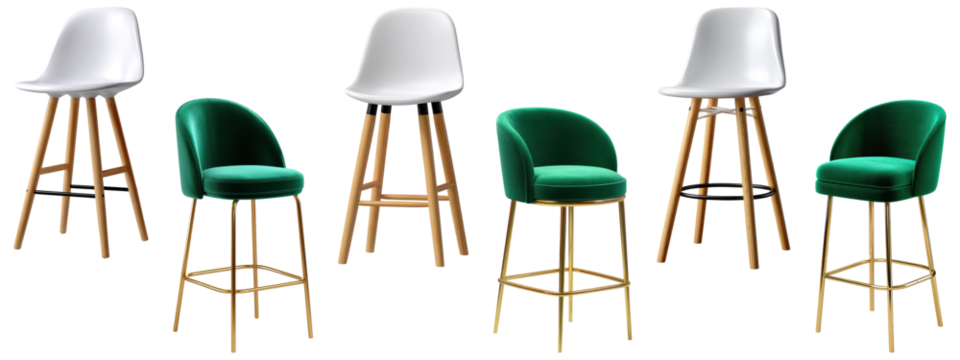 Set of six modern bar stools including white plastic and green velvet designs with wooden and gold metal legs