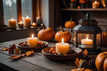 Cozy Autumn Table Decor with Pumpkins, Candles, and Coffee Cup