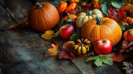 Autumn harvest display of pumpkins, apples, and leaves on a wooden surface.