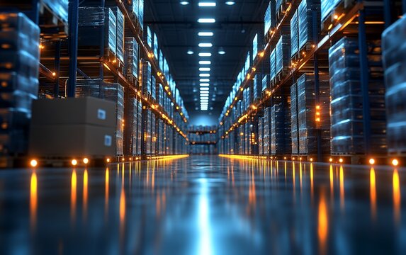 A futuristic warehouse showcases automated storage and retrieval systems, enhancing efficiency and optimizing logistics