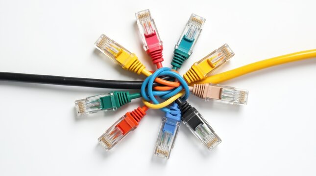 Top-down view of a colorful, tangled mess of ethernet cables on a white background.

