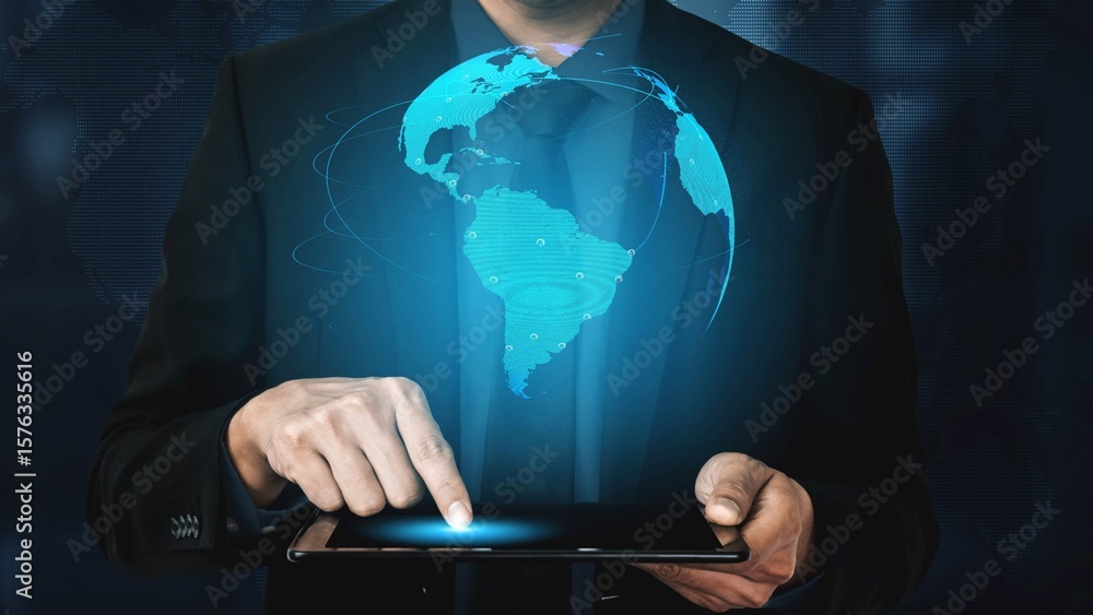 Poster global network connection visualization showing data exchange, digital link, worldwide communication