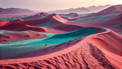 Fototapete Surreal desert landscape with vibrant pink and teal sand dunes under a soft sky © Yasin