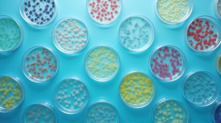 Top-down view of various petri dishes with colorful bacterial cultures arranged on a lab bench.

