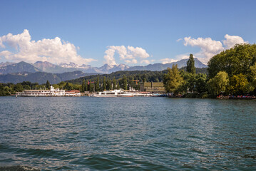 beautiful landscape of the lake against the background of mountains in Switzerland