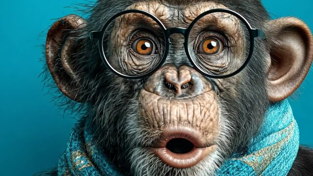 A comical chimpanzee in glasses, appearing intelligent and human-like, perfect for humorous or educational concepts.
