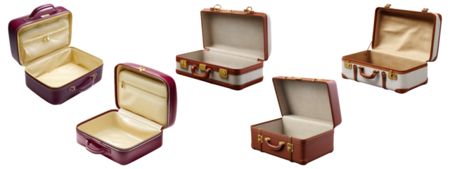 Set of  empty open vintage-style suitcases in maroon and brown