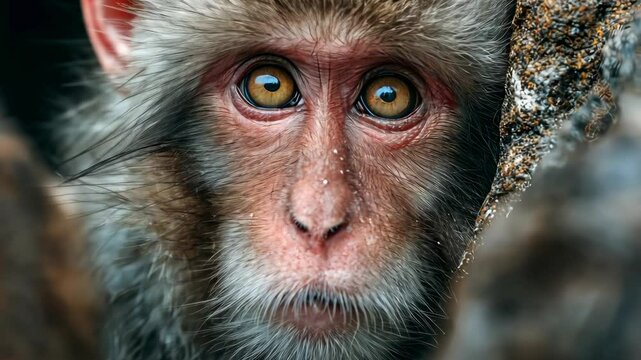 Curious monkey stares directly into camera, with intense eyes and expressive features, highlighting intelligence and emotion.
