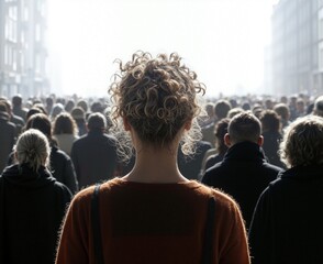 A lone curly-haired woman stands in a crowd of people walking down a city street, captured from behind. The scene conveys isolation, individuality, and introspection amidst urban life.
