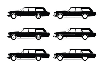 Fototapeta premium Vintage Estate Cars: A series of classic estate cars, elegantly silhouetted in stark black, represent the charm of a bygone era, a timeless testament to automotive design and functionality.