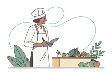 Chef reviewing recipe: A smiling chef in a white toque and apron carefully reviews a recipe while surrounded by fresh vegetables and fruits ready for cooking.