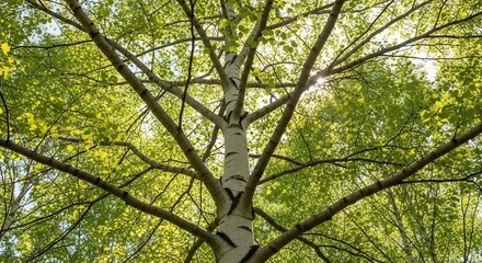 Fototapeta premium Sunlight Filtering Through Fresh Green Leaves of a Birch Tree Canopy