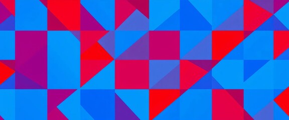 Interlocking blue and red triangles and squares form an abstract geometric pattern,  art,  illustration