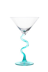 Elegant empty martini glass with a unique twisted turquoise stem, isolated on a white background.