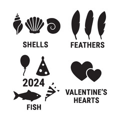 Black icons of shells feathers fish hearts balloon and party hat vector