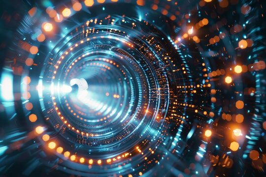 Digital data stream of numbers and letters in the dark tunnel with glow, futuristic background for technology concept.