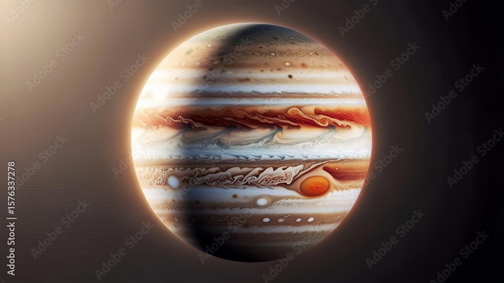 Poster in this stunning 3d 4k image, jupiter is depicted with its vibrant bands of clouds and the great red