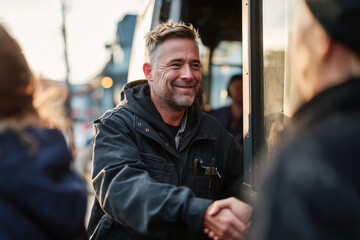 male mechanic entering workshop, greeting colleagues, warm light, 