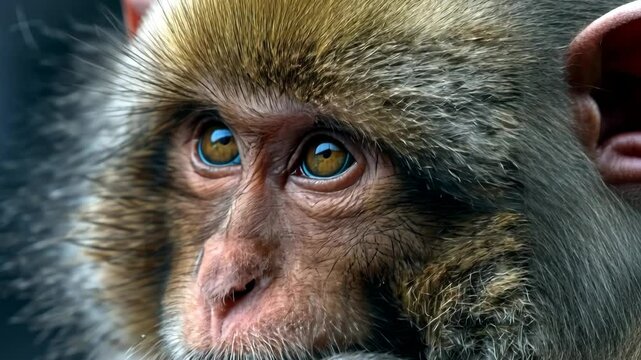 Close-up of a monkey looking up thoughtfully, showcasing emotion, intelligence, and facial expression in wildlife photography.
