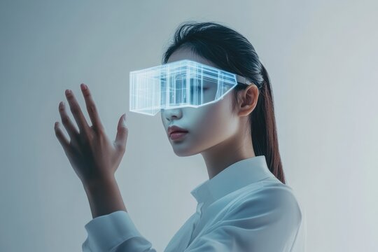 A woman wearing futuristic AR glasses interacts with a holographic 3D building model. - Powered by Adobe
