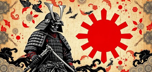 Intricate samurai & Japanese flag pattern wallpaper design, flag, aesthetic