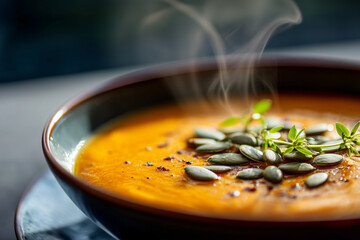Close-up of steaming bowl of butternut squash soup garnished with herbs and pumpkin seeds, natural light,