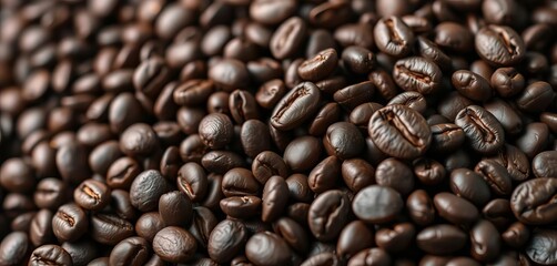 Fototapeta premium Intricate texture of dark roasted coffee beans, close-up, morning, pattern