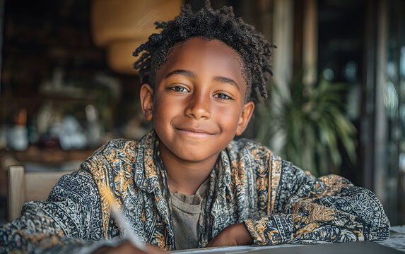 Smiling african american child school boy studying online on laptop at home