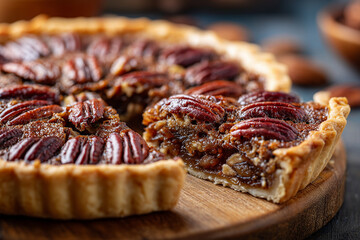 Close-up of freshly baked pecan pie with slice cut out, rustic presentation, 