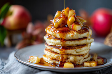 Stack of fluffy pancakes topped with caramelized apples and syrup, autumn breakfast scene,