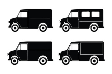 Van Fleet Silhouette: A set of sleek, monochromatic silhouettes of delivery vans, presented in a clean, minimalistic style, embodying transportation and logistics.