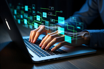 Nighttime Programmer with Futuristic Digital Interface and Data Flow for Cybersecurity and Software Development