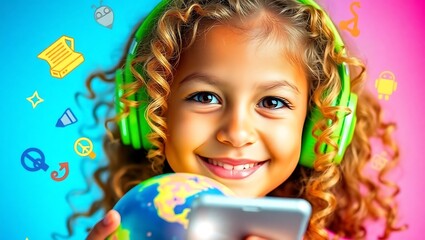 A smiling girl with headphones holding a globe and a phone surrounded by floating cartoon icons