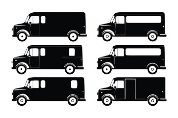 Fleet of Vintage Panel Vans: A collection of stylized black panel vans, each with a unique silhouette, providing a versatile set of transportation concepts suitable for varied applications.