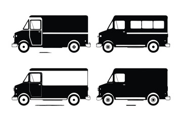 Van Silhouettes: A set of sleek and modern black van silhouettes, representing different styles and designs, suitable for various commercial and industrial applications. 