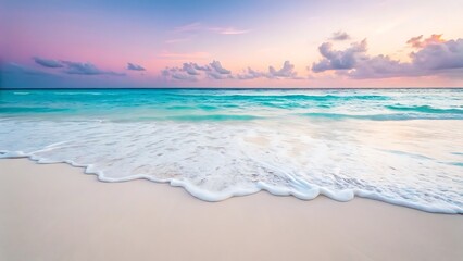 Fototapeta premium Serene Pastel Sunset Beach: Turquoise Ocean Waves Gently Crashing on Pristine White Sand