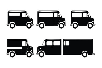 Vehicles Silhouettes Set: A set of illustrative, simple black silhouettes showcasing various van and truck designs against a clean, minimalist backdrop, perfect for design elements.