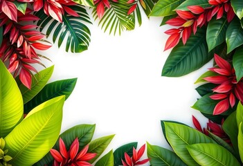 Fototapeta premium Lush tropical leaves frame blank white paper, summer vibe, background, summertime