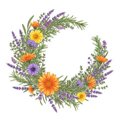 Boho Litha Floral Wreath with Summer Herbs and Flowers PNG