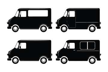 Black Commercial Vans Array: A set of stark black commercial vans. Simple and clear representation of transport vehicles, perfect for various commercial or industrial applications.