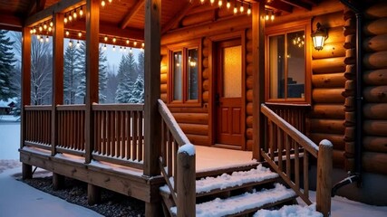 Cozy log cabin glows with warm lights against a snowy winter backdrop, a peaceful retreat. - Powered by Adobe
