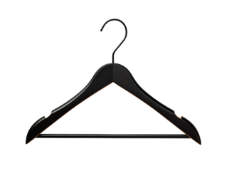 Black wooden clothes hanger with hook isolated on transparent background