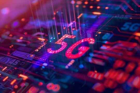 Futuristic 5G network digital hologram and Internet of Things (IoT) icons displayed over a city background