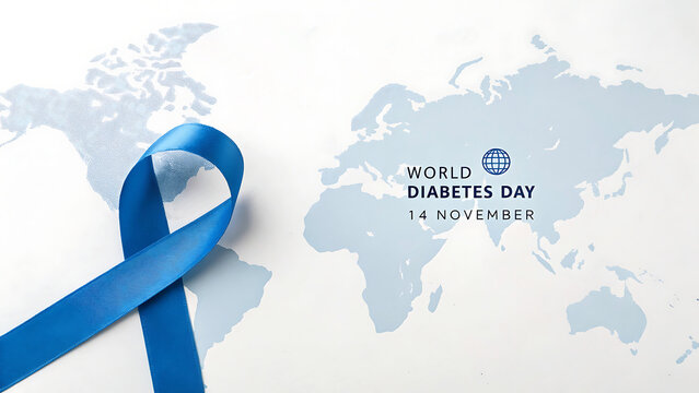 Blue ribbon and world map with World Diabetes Day text on white background awareness