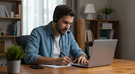 A man working from home, using a laptop and headset, taking notes in a notebook.