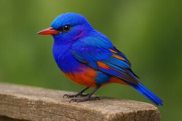 Obraz premium Vibrant blue and orange bird perched on a wooden surface with a blurred green background