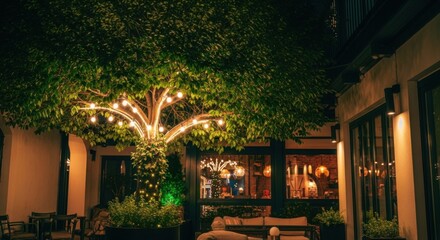 Fototapeta premium Magical Courtyard Under Twinkling Tree Lights at Night